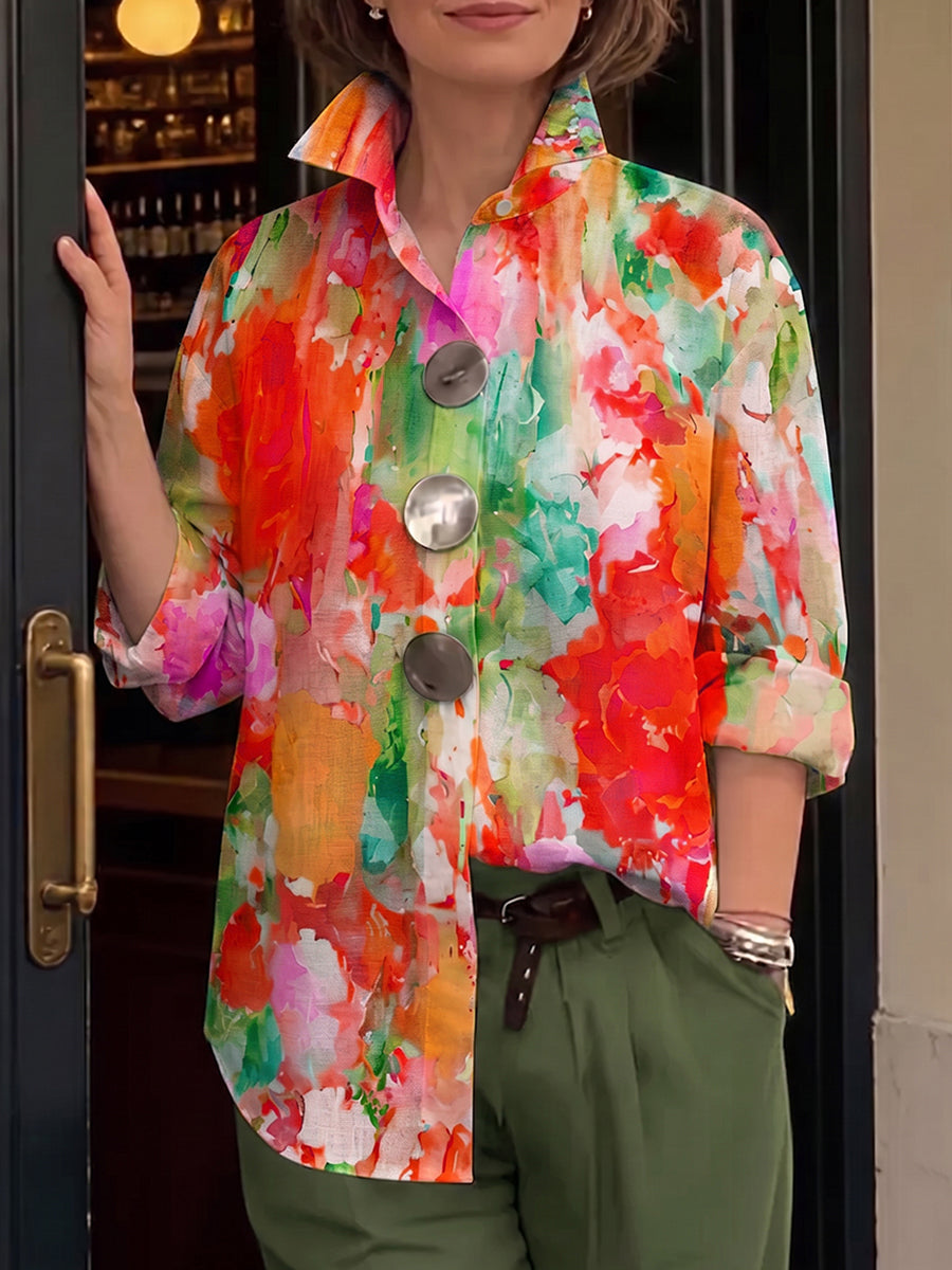 Women's Longline Metal-Button Shirt with Artistic Watercolour Palette Print
