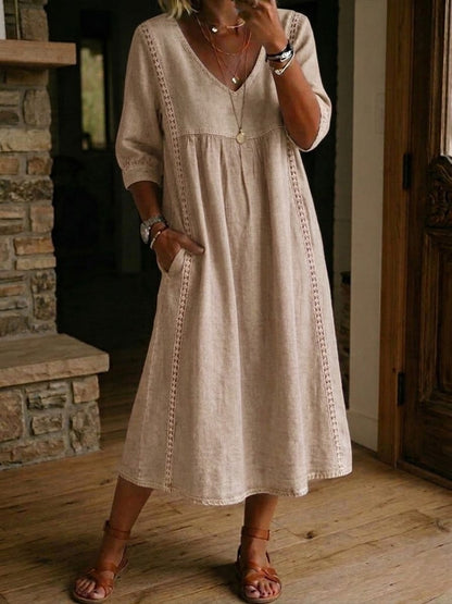 Women's Antonia A-Line Maxi Dress with 3/4 Sleeves and Pockets