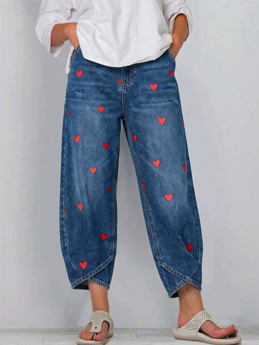 Women's Casual Denim Trousers with Heart Print and Pockets