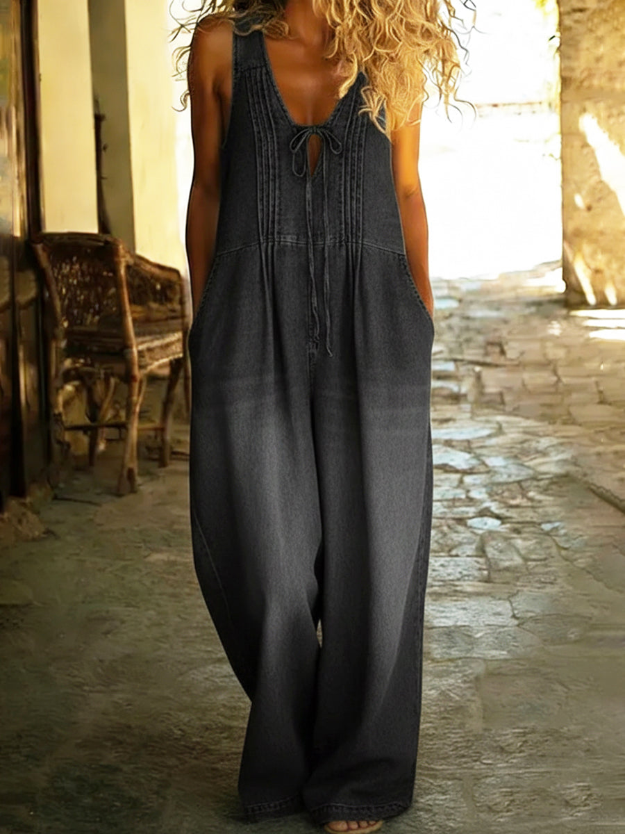 Women's Relaxed Fit Pleated Denim Jumpsuit with Drawstring and Pockets