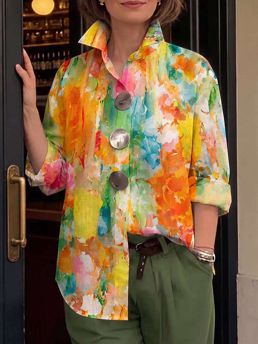 Women's Longline Metal-Button Shirt with Artistic Watercolour Palette Print