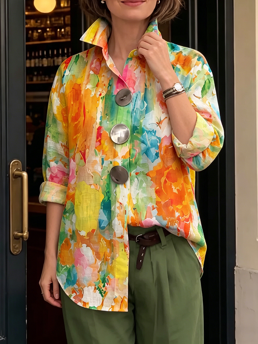 Women's Longline Metal-Button Shirt with Artistic Watercolour Palette Print