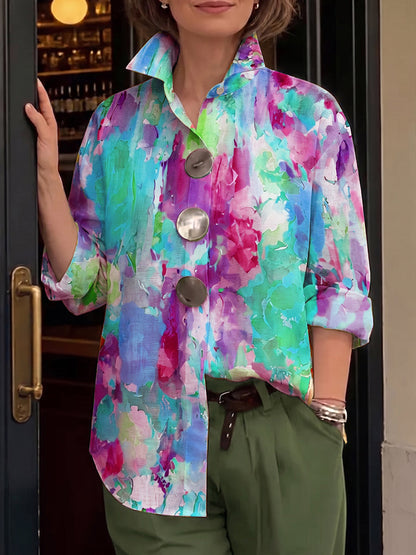 Women's Longline Metal-Button Shirt with Artistic Watercolour Palette Print