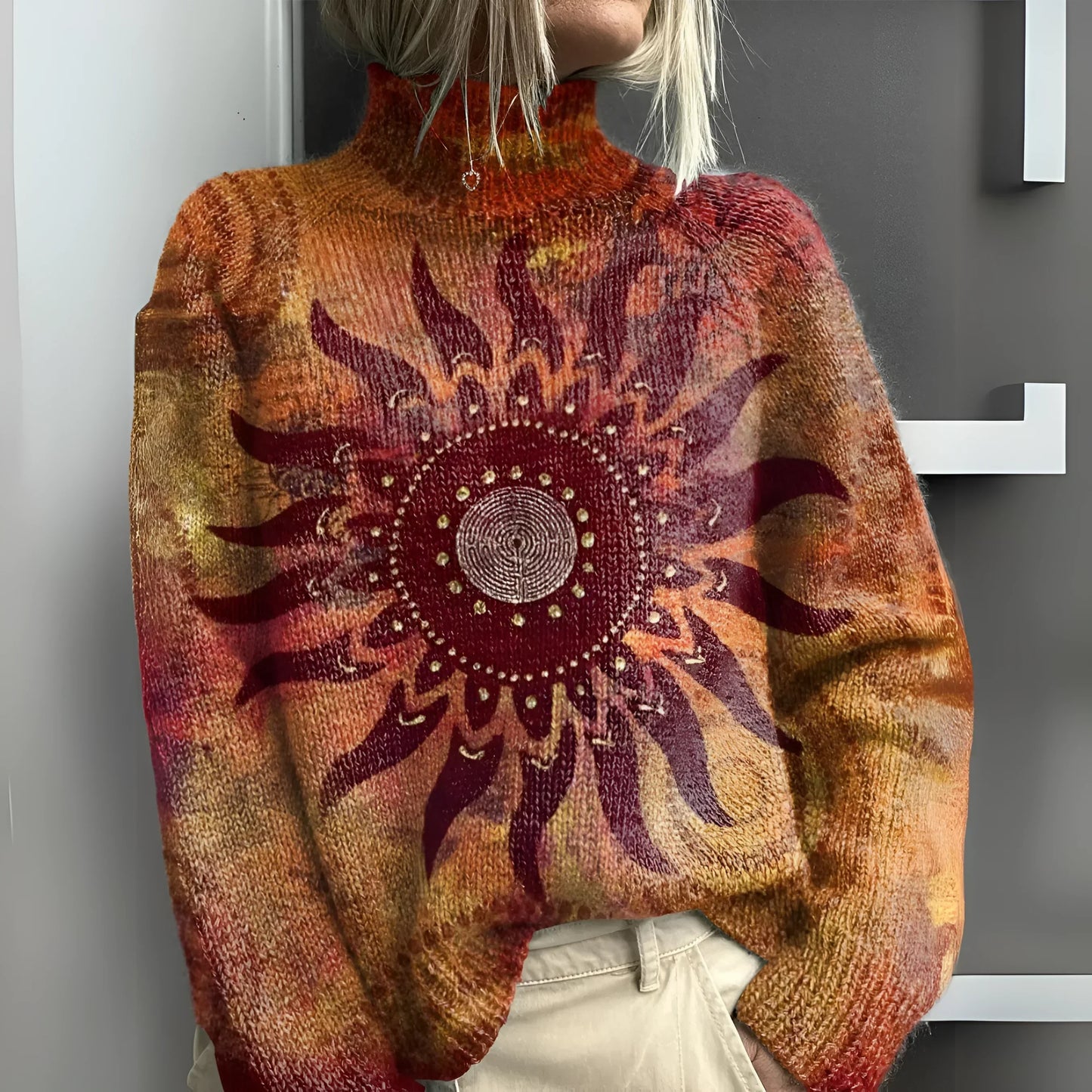 Eline | Women's Warmer Turtleneck Jumper with Tribal Sun Motif