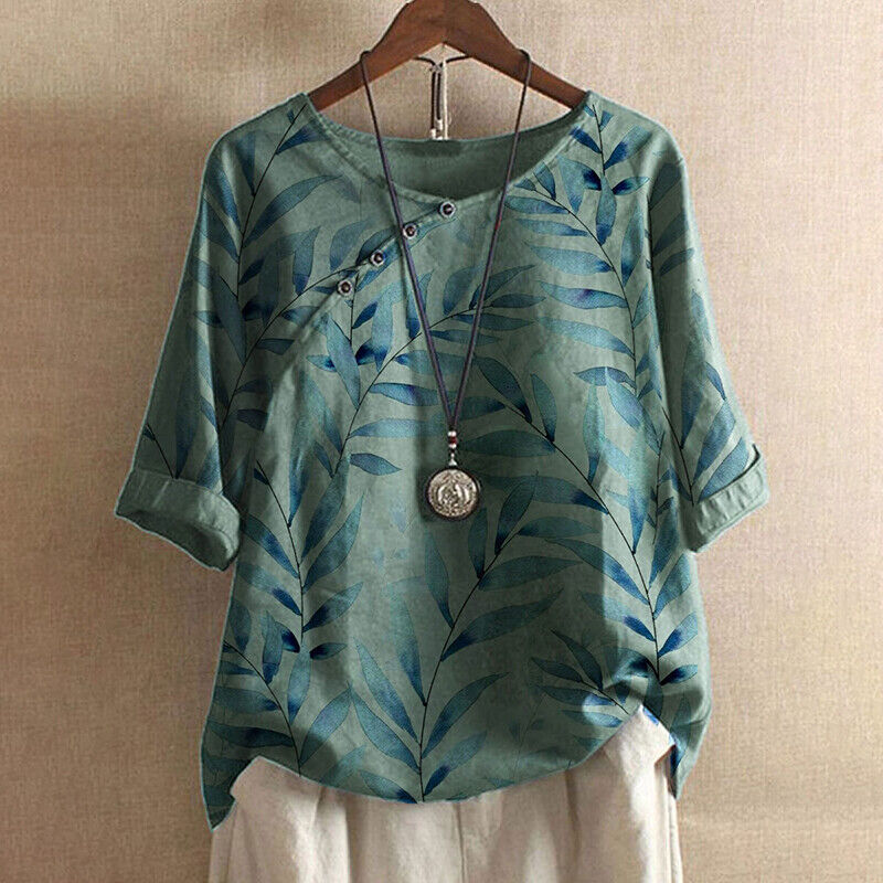 Claudine | Women's Relaxed Leaf Print Button Detail Blouse