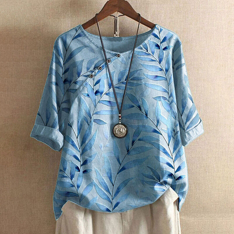 Claudine | Women's Relaxed Leaf Print Button Detail Blouse
