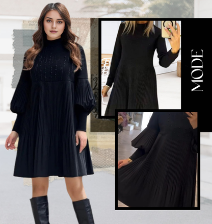 Marlene | Women's Plus-Size Midi Dress with Stand-Up Collar and Lantern Sleeves