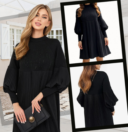 Marlene | Women's Plus-Size Midi Dress with Stand-Up Collar and Lantern Sleeves
