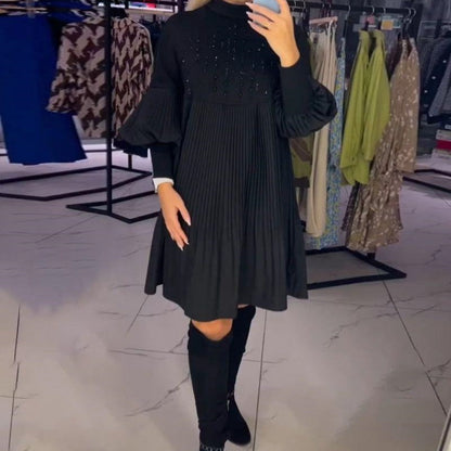 Marlene | Women's Plus-Size Midi Dress with Stand-Up Collar and Lantern Sleeves