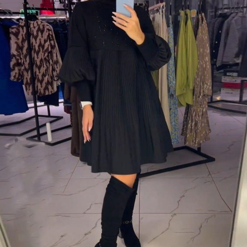 Marlene | Women's Plus-Size Midi Dress with Stand-Up Collar and Lantern Sleeves