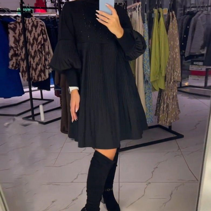 Marlene | Women's Plus-Size Midi Dress with Stand-Up Collar and Lantern Sleeves