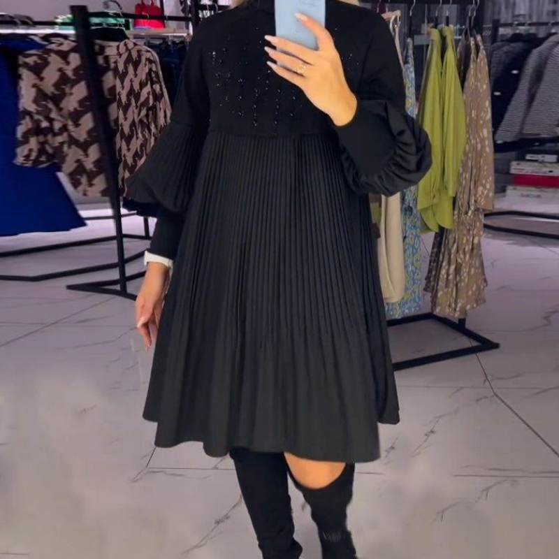 Marlene | Women's Plus-Size Midi Dress with Stand-Up Collar and Lantern Sleeves