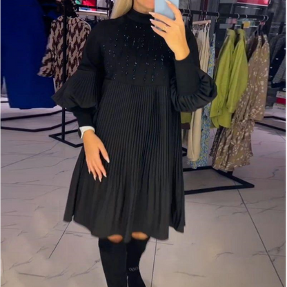 Marlene | Women's Plus-Size Midi Dress with Stand-Up Collar and Lantern Sleeves