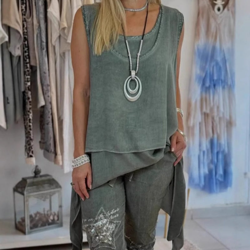 Olive | Women's Two-Piece Set: Sleeveless Top and Printed Trousers