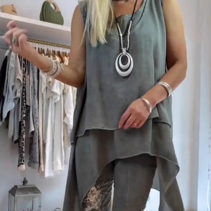 Olive | Women's Two-Piece Set: Sleeveless Top and Printed Trousers