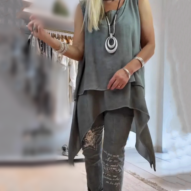 Olive | Women's Two-Piece Set: Sleeveless Top and Printed Trousers