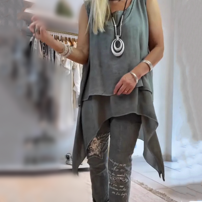 Olive | Women's Two-Piece Set: Sleeveless Top and Printed Trousers