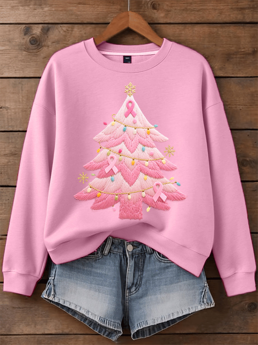 Women's Relaxed Pink Christmas Tree Embroidered Sweatshirt