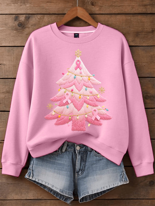 Women's Relaxed Pink Christmas Tree Embroidered Sweatshirt