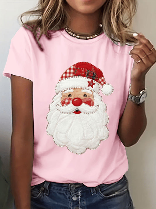 Women's Plaid Relaxed Santa Claus print Short Sleeve T-Shirt