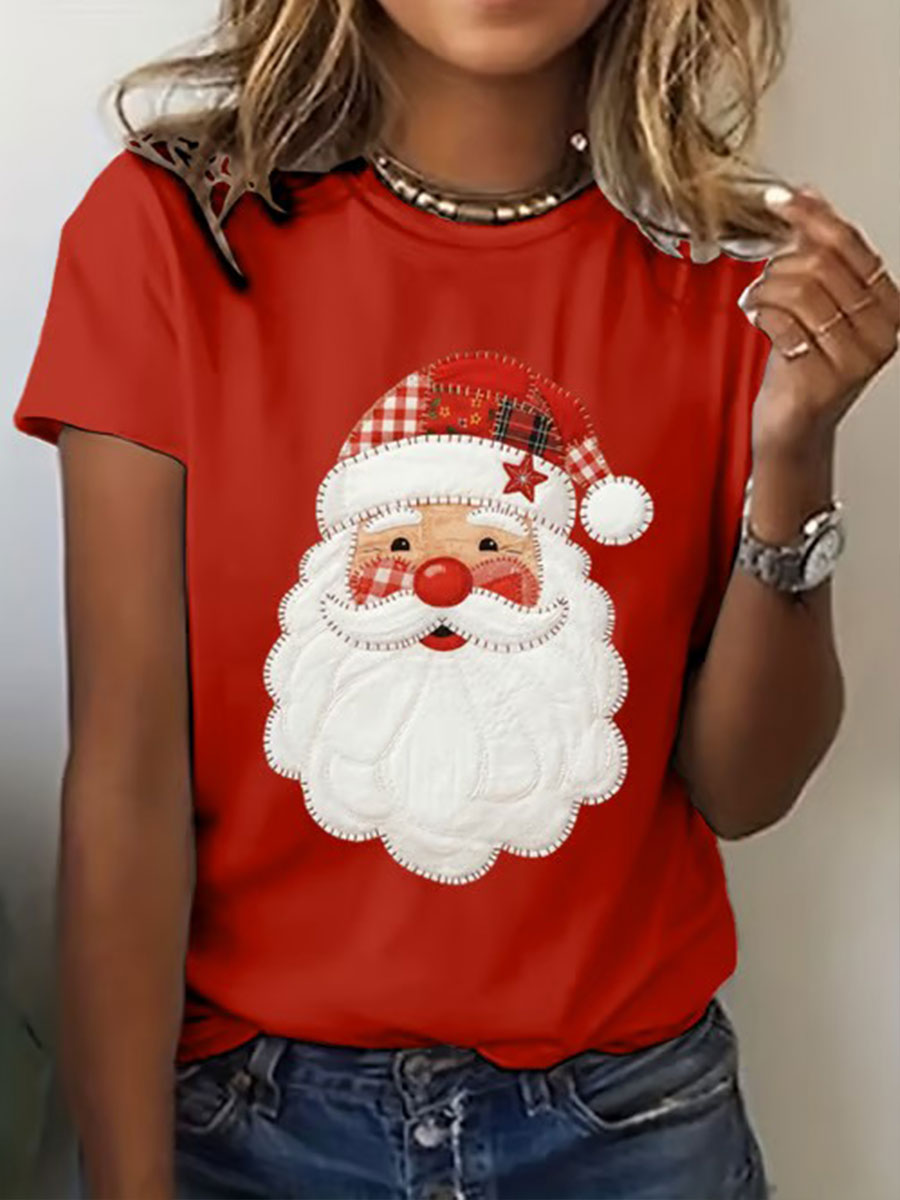 Women's Plaid Relaxed Santa Claus print Short Sleeve T-Shirt