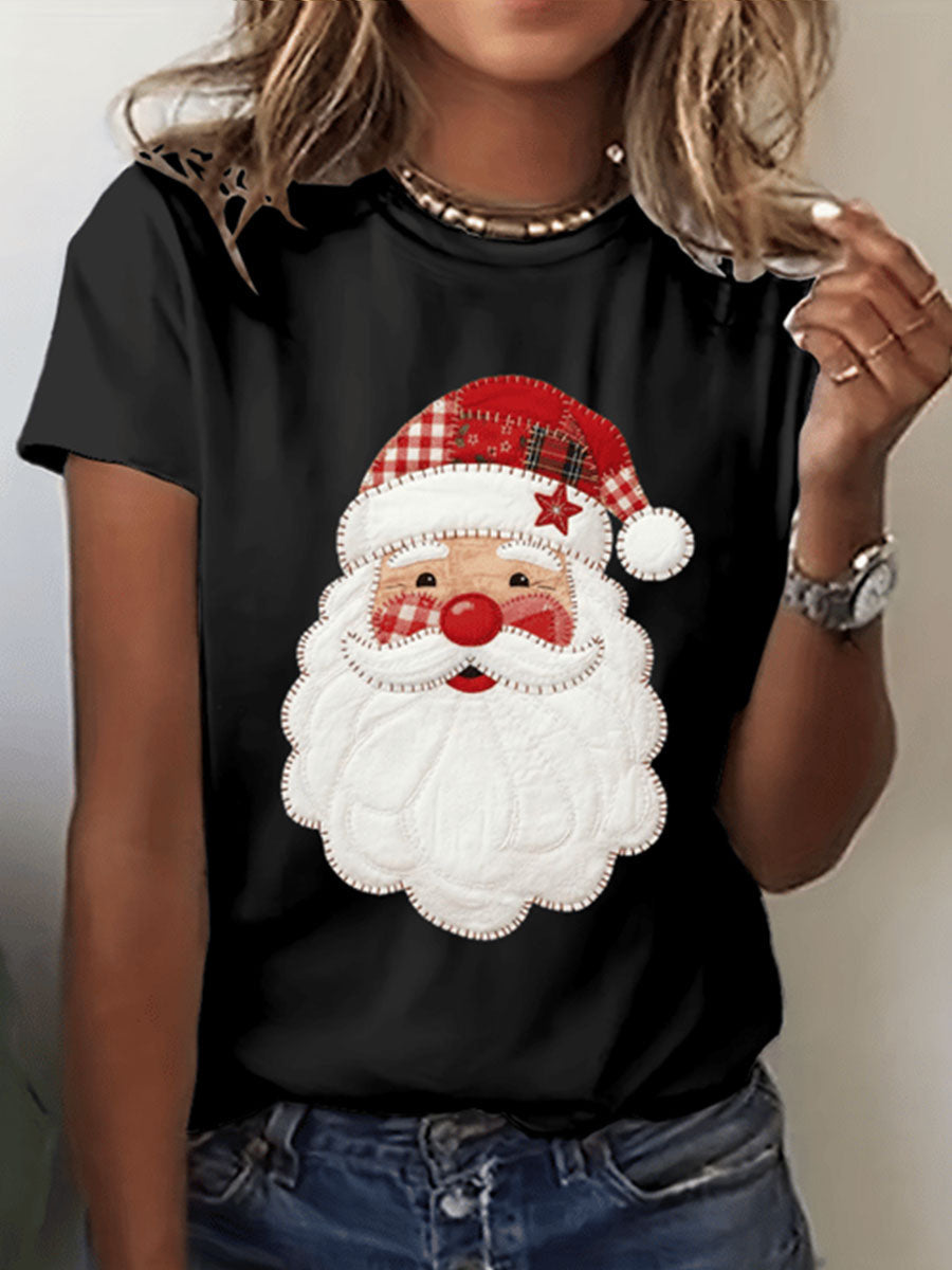 Women's Plaid Relaxed Santa Claus print Short Sleeve T-Shirt