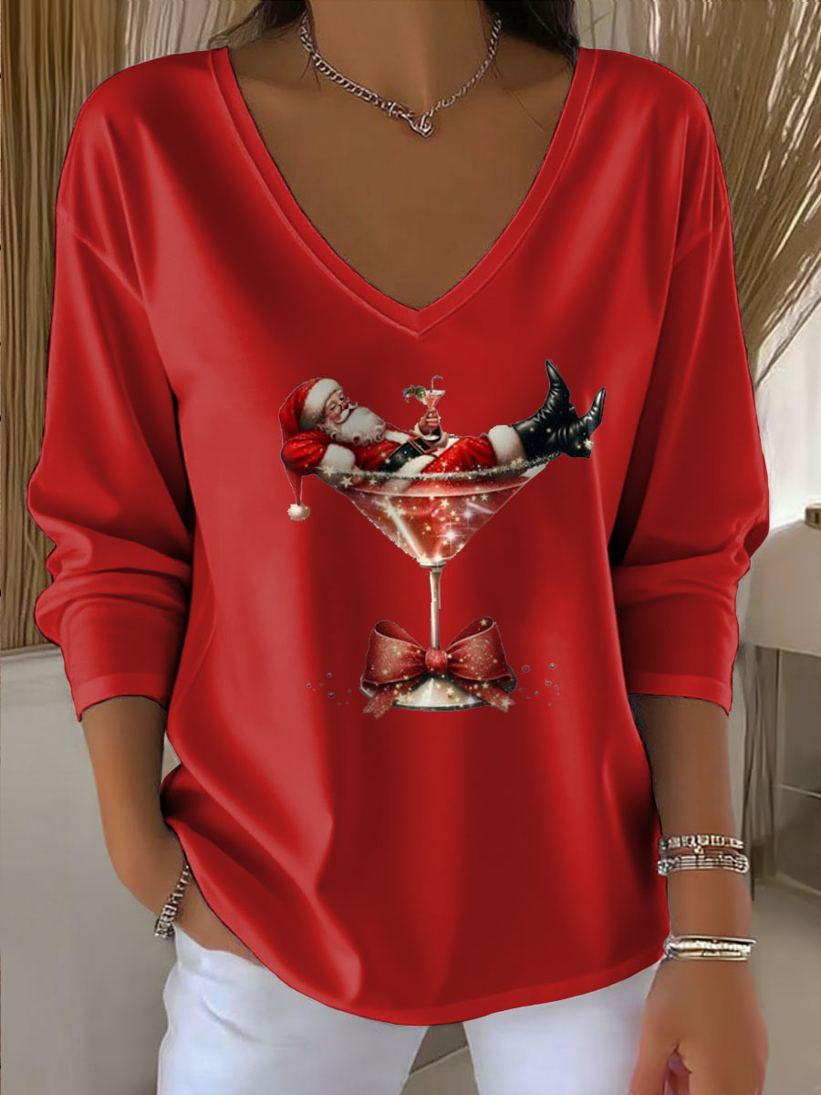 Women's Relaxed Santa Claus Printed V-Neck T-Shirt