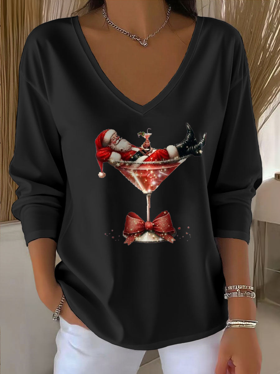 Women's Relaxed Santa Claus Printed V-Neck T-Shirt