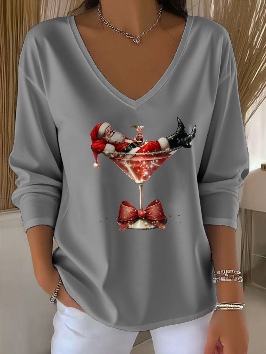 Women's Relaxed Santa Claus Printed V-Neck T-Shirt