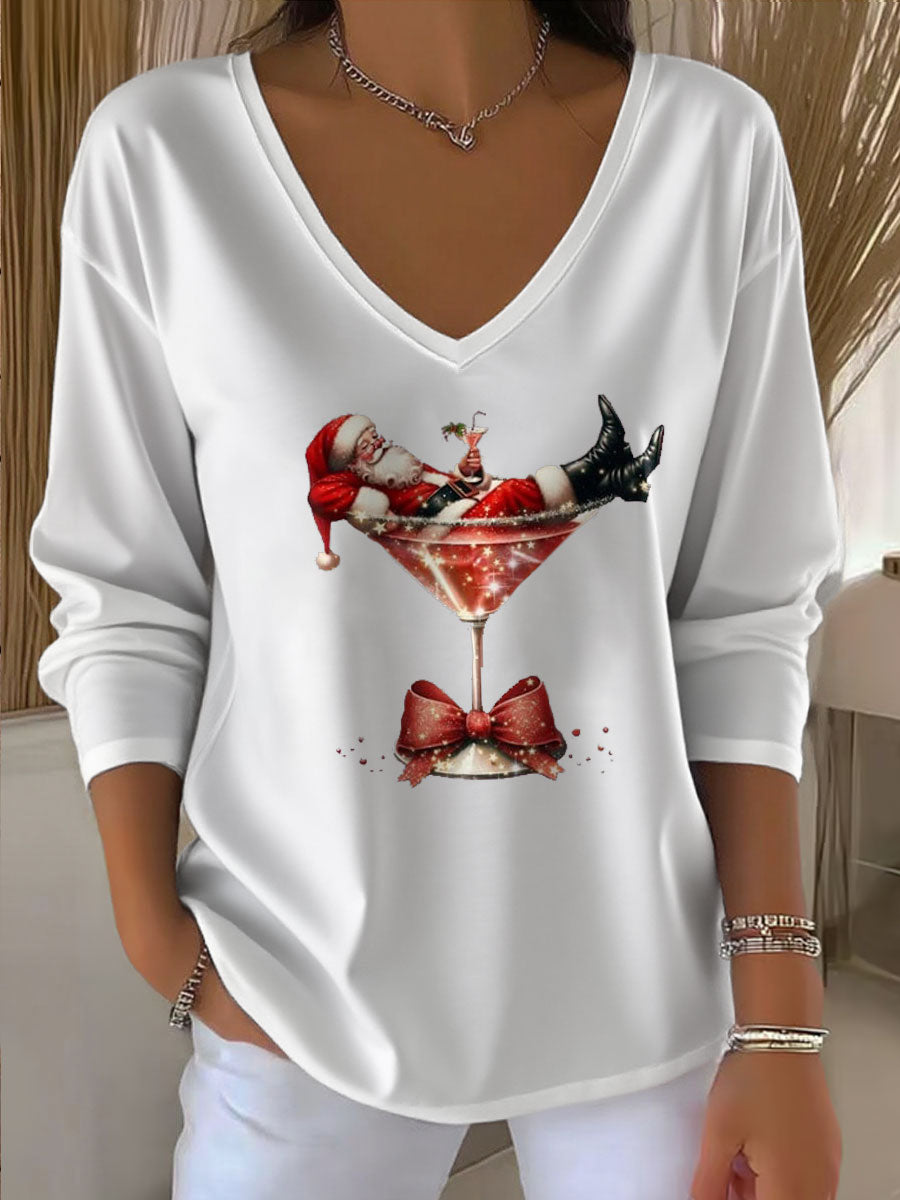 Women's Relaxed Santa Claus Printed V-Neck T-Shirt