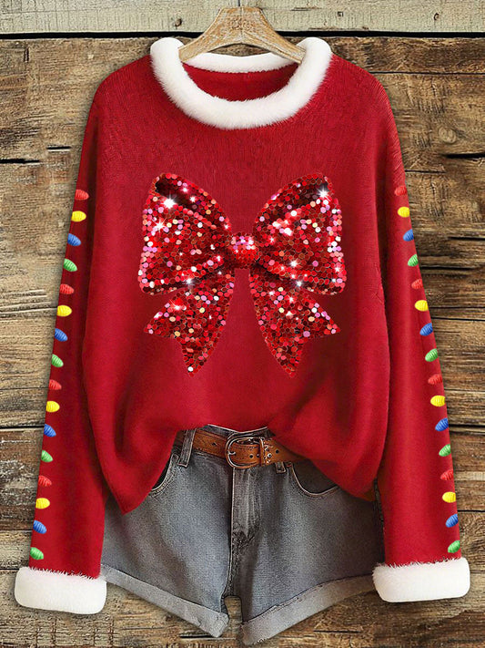 Women's Relaxed Christmas Bow Decorative Light Tops with Sequins
