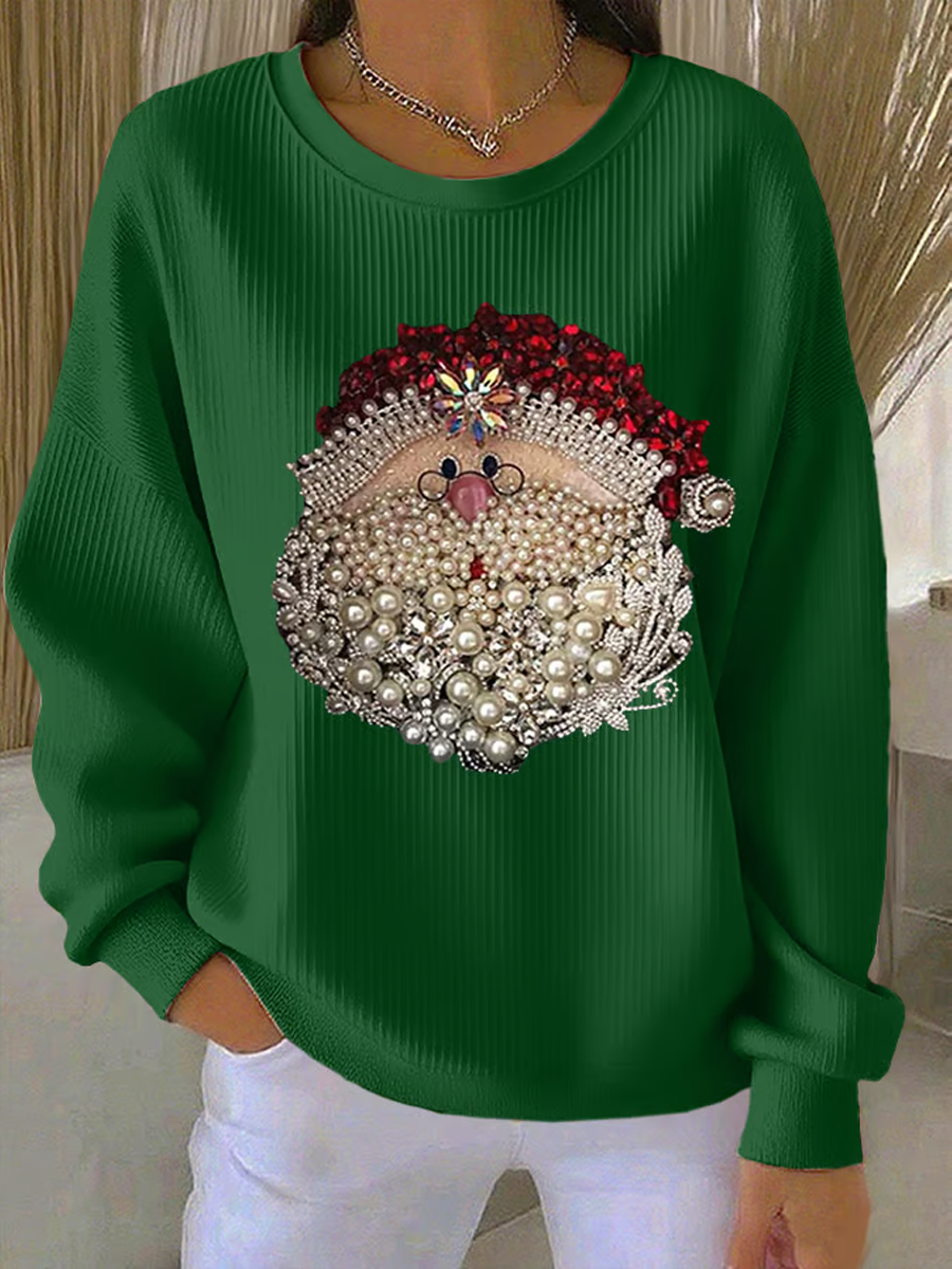 Women's Relaxed Santa Claus Printed Ribbed Round-Neck Sweatshirt