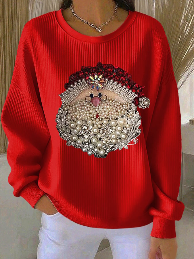 Women's Relaxed Santa Claus Printed Ribbed Round-Neck Sweatshirt