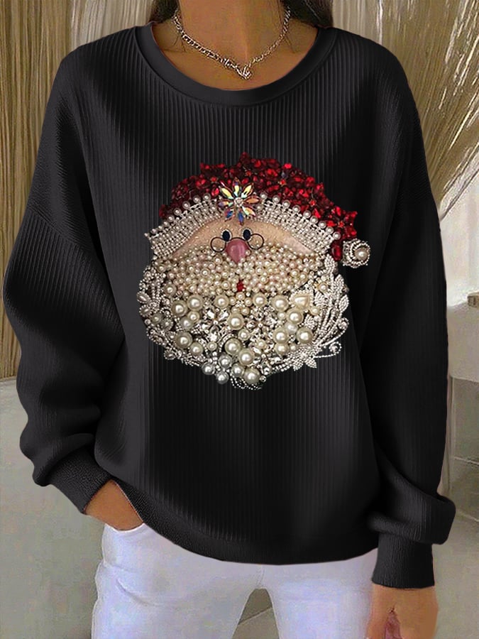 Women's Relaxed Santa Claus Printed Ribbed Round-Neck Sweatshirt