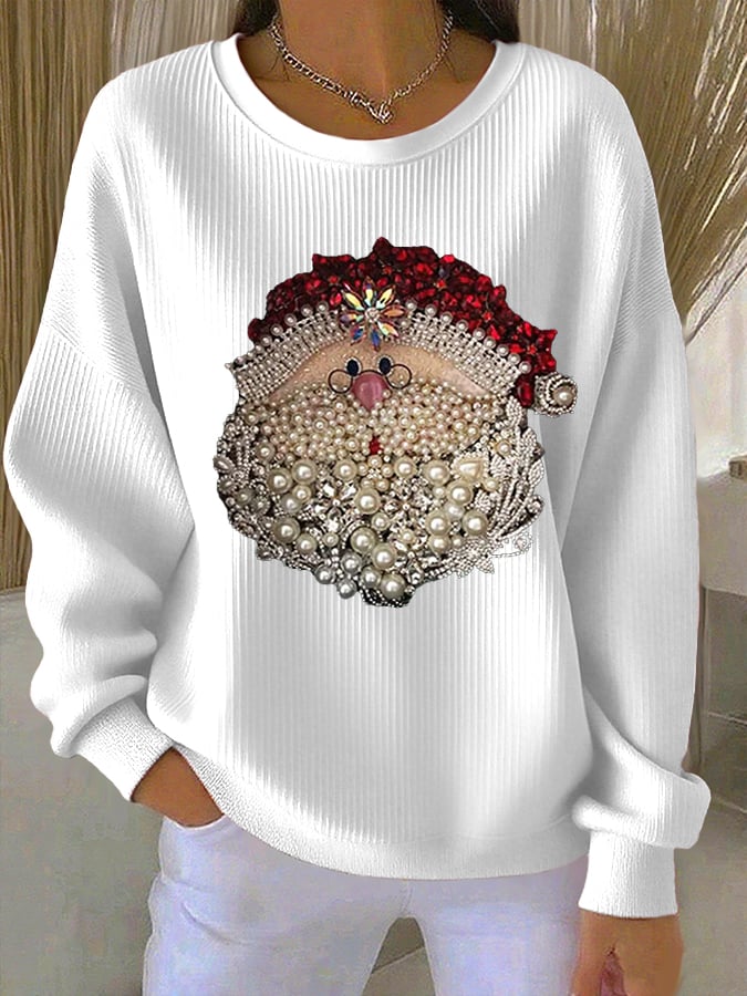 Women's Relaxed Santa Claus Printed Ribbed Round-Neck Sweatshirt