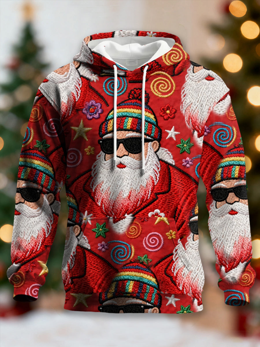 Men's Floral Retro Groovy Hippie Santa Print Casual Hoodie with Drawstring