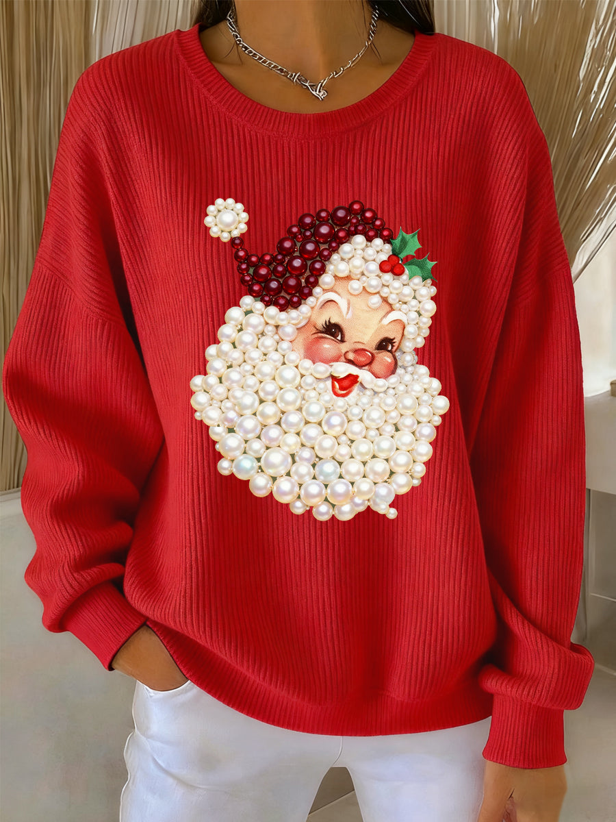 Women's Relaxed Christmas Pearl Santa Claus Print Casual Jumper