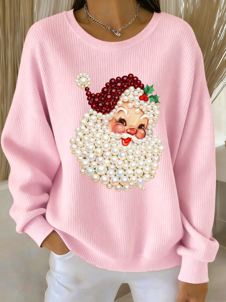 Women's Relaxed Christmas Pearl Santa Claus Print Casual Jumper