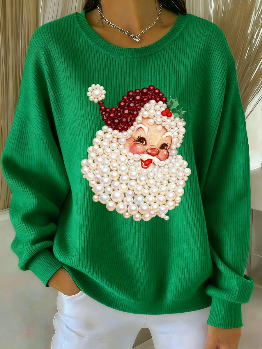 Women's Relaxed Christmas Pearl Santa Claus Print Casual Jumper