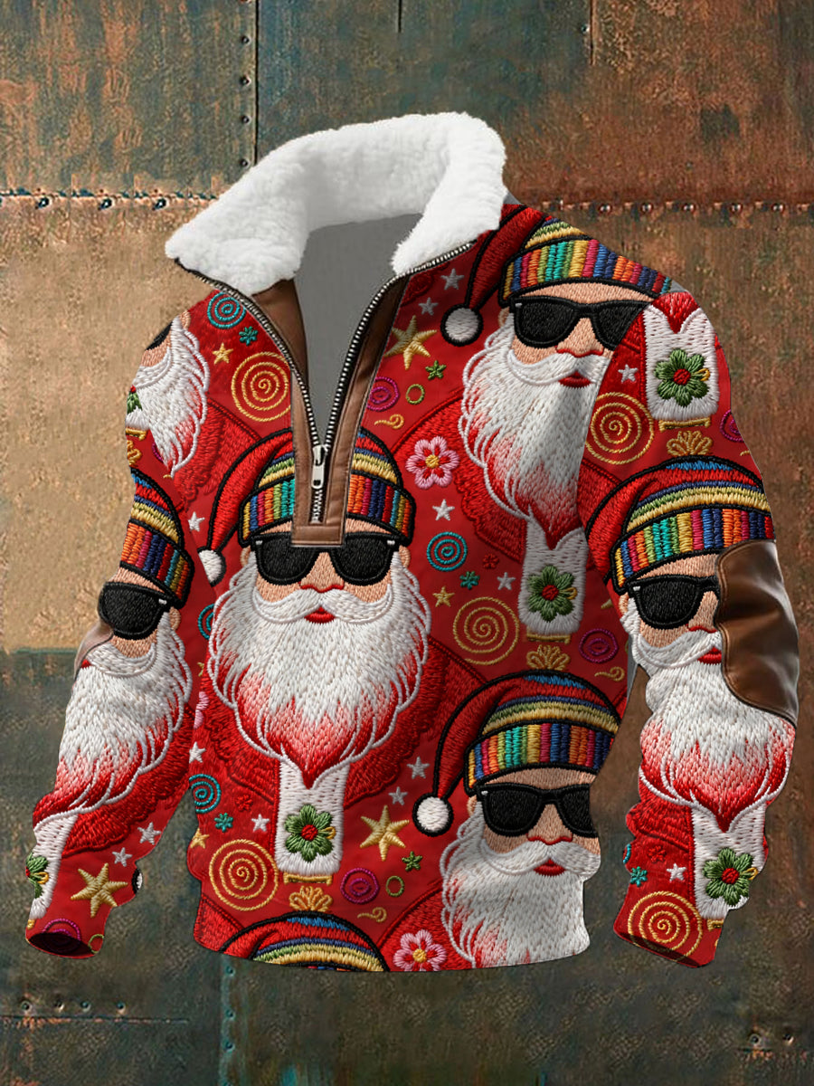 Men's Relaxed Retro Groovy Hippie Santa Print Casual Zipper Fur-Collar Pullover