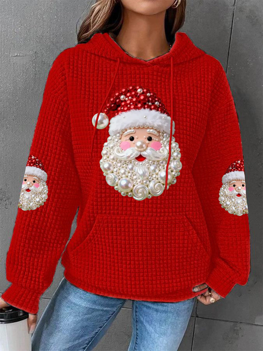 Women's Relaxed Christmas Pearl Santa Claus Print Casual Waffle Hoodie