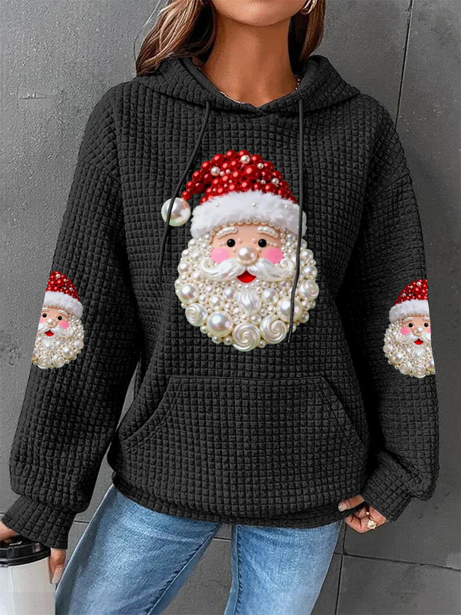 Women's Relaxed Christmas Pearl Santa Claus Print Casual Waffle Hoodie