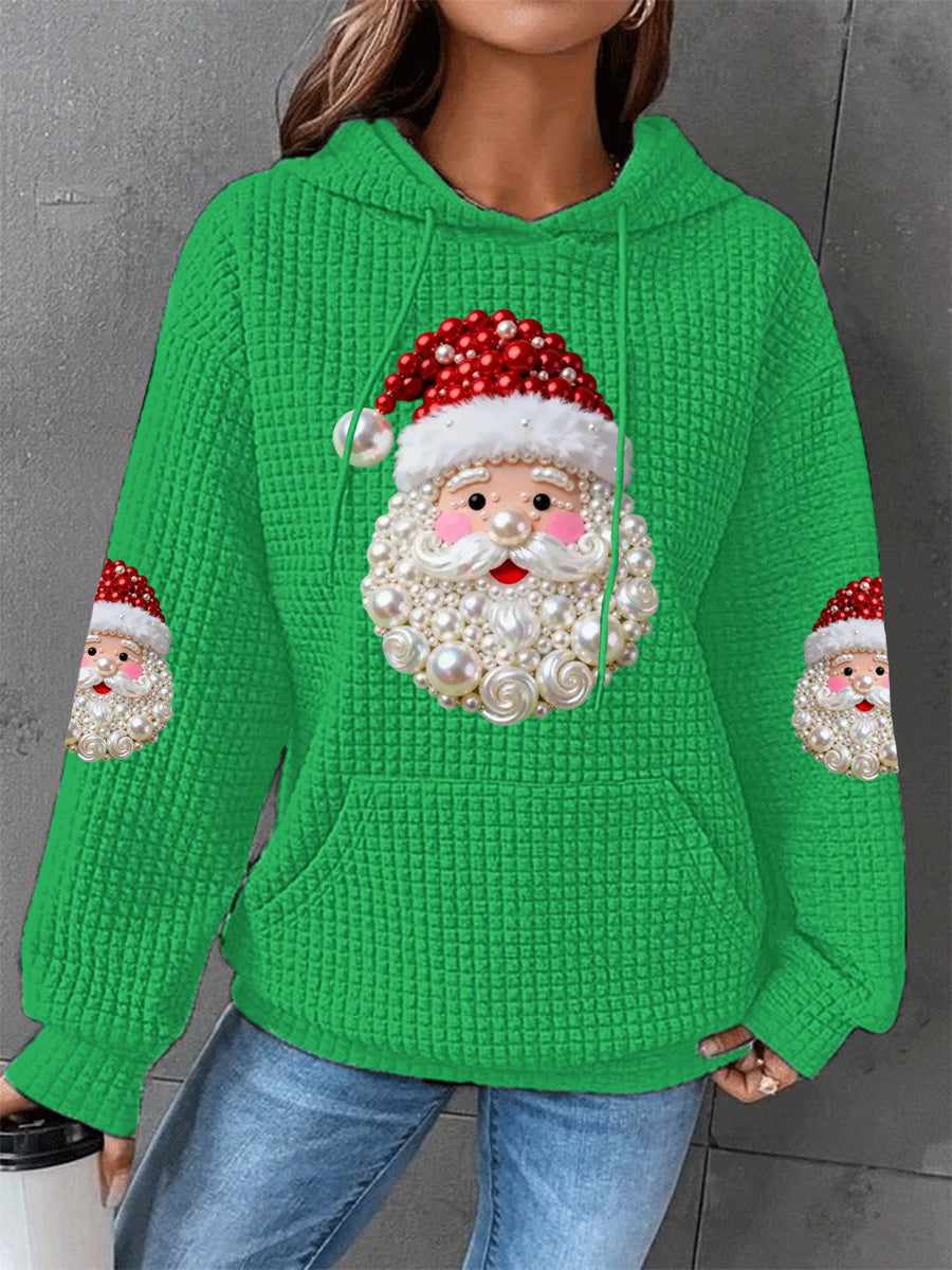 Women's Relaxed Christmas Pearl Santa Claus Print Casual Waffle Hoodie