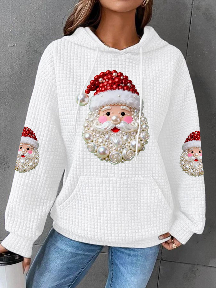 Women's Relaxed Christmas Pearl Santa Claus Print Casual Waffle Hoodie