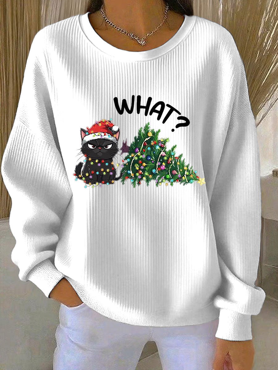 Women's Relaxed Christmas Ribbed Round-Neck Sweatshirt
