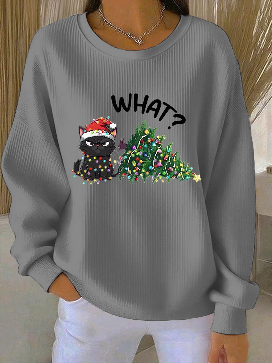 Women's Relaxed Christmas Ribbed Round-Neck Sweatshirt