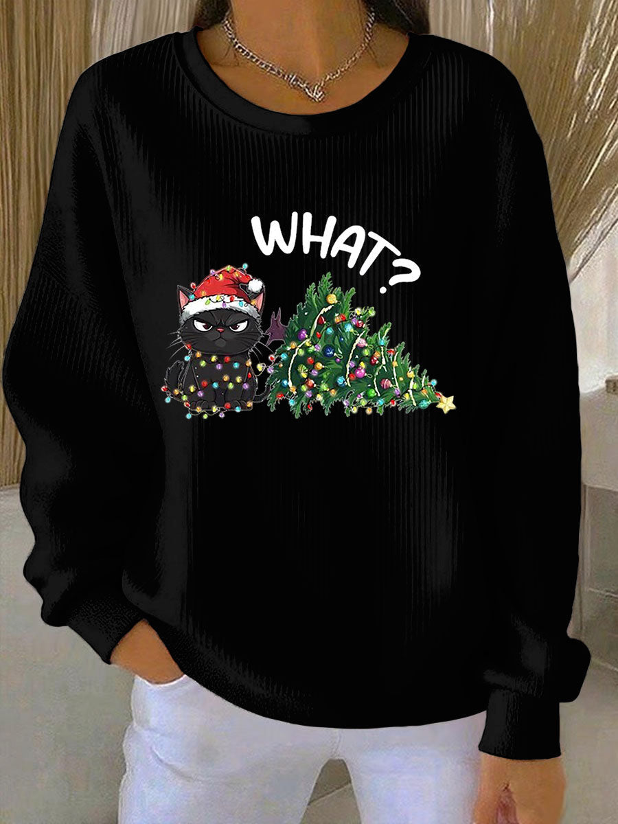 Women's Relaxed Christmas Ribbed Round-Neck Sweatshirt