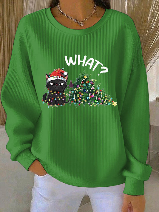 Women's Relaxed Christmas Ribbed Round-Neck Sweatshirt
