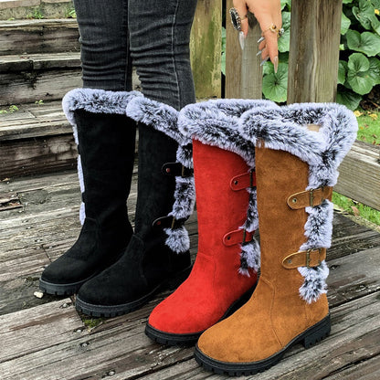 Cushioned Buckle Ladies Thick Plush Mid-Calf Snowboots