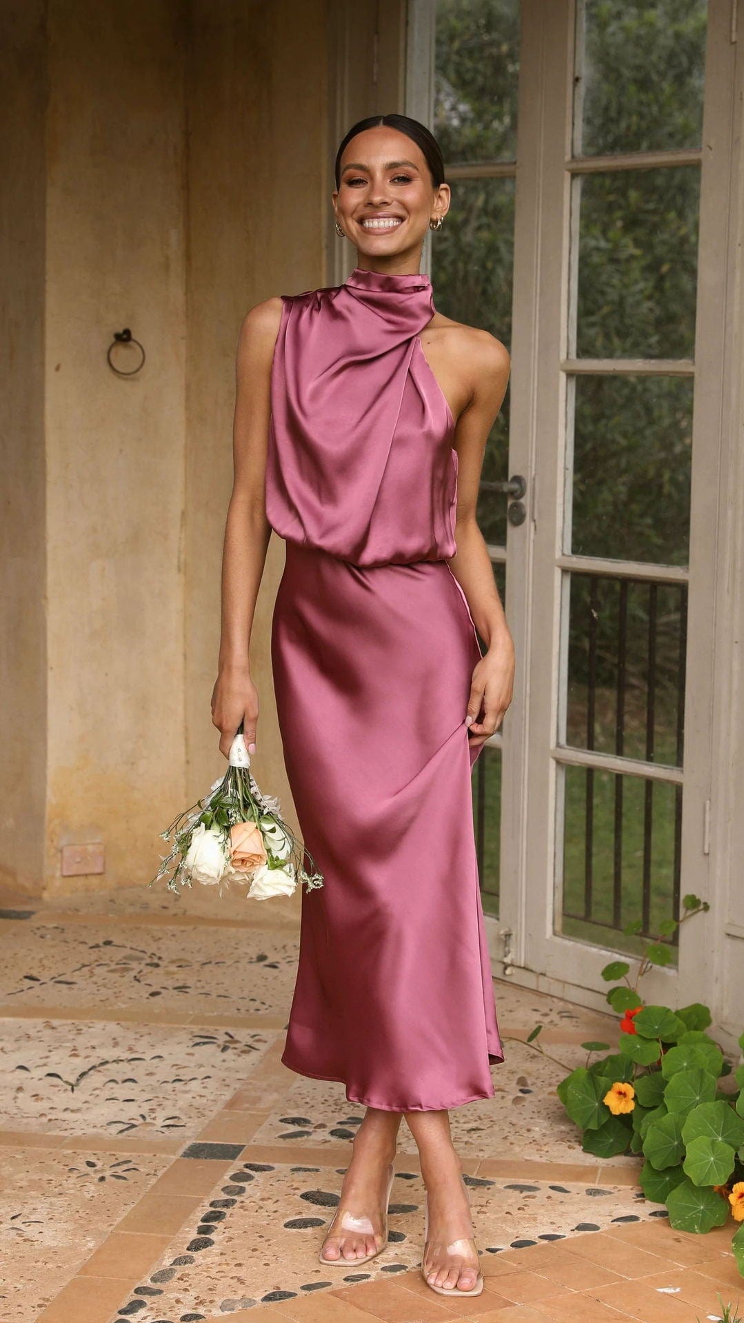 Rochella | Women's Elegant Dress with High Neck in Dusty Pink
